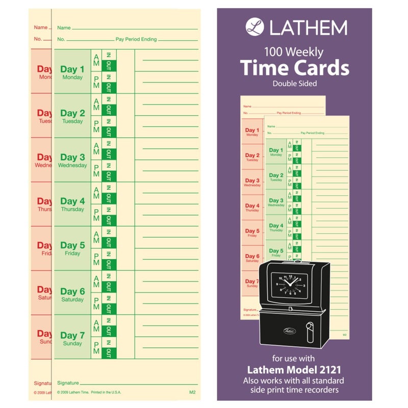 Lathem Weekly Time Cards  Double-Sided  for Lathem Model 2121/Side-Print Time Clocks  100 Pack (M2-100) - Image 2